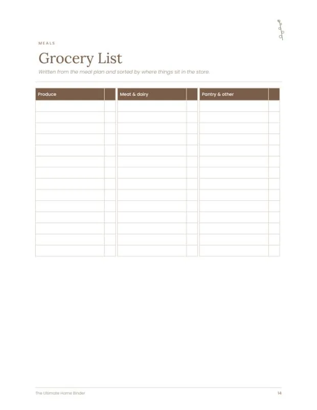 A page from the home management binder.
